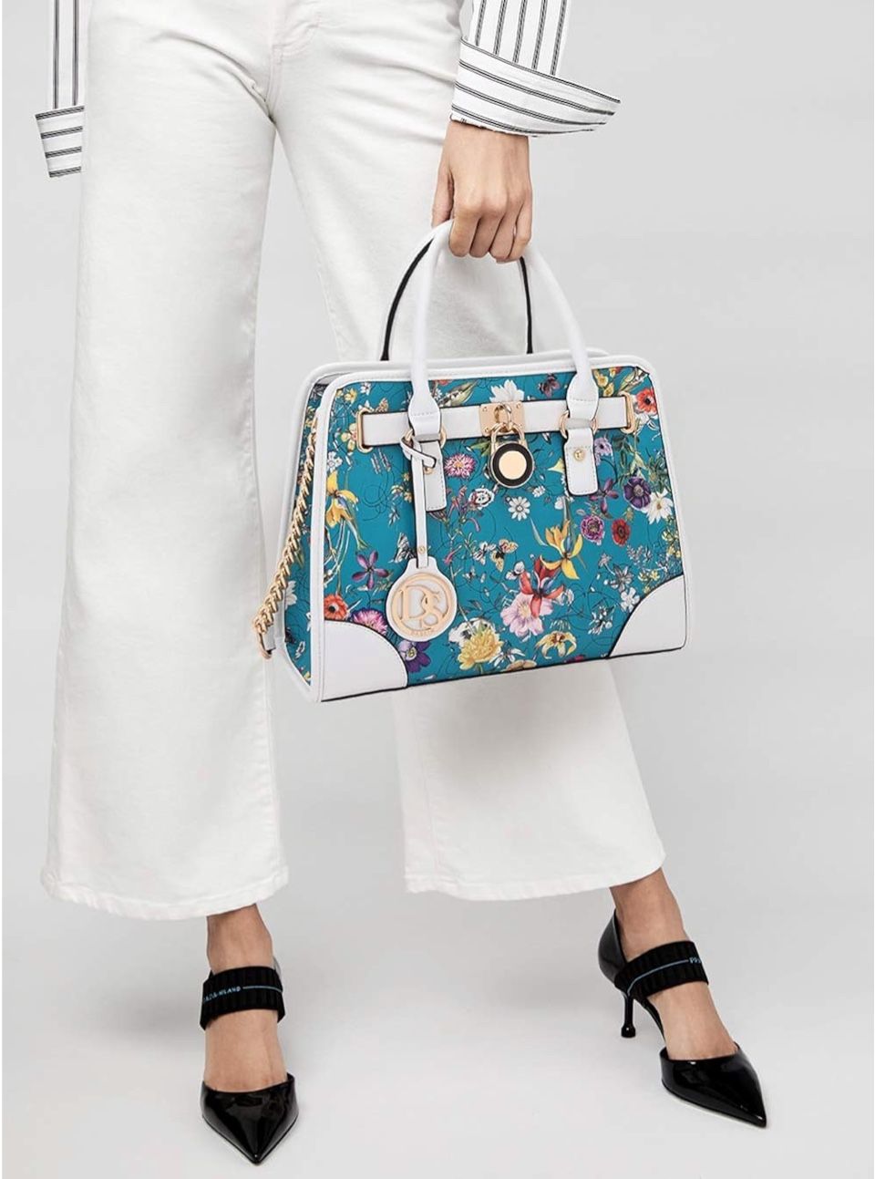 Turquoise And White Floral Handbag