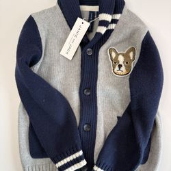 NWT Janie and Jack Boys Size 3 French Bulldog Varsity Cardigan Sweater Navy Grey