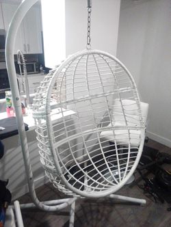 White Wicker Hanging Egg Chair with Stand