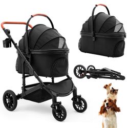 Black Foldable Pet Stroller with Detachable Carrier
