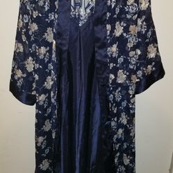 Vintage 2pc Plus Sz 2X Womens Secret Treasures Navy Blue Silky Nightgown w/Sheer Flower Print Robe