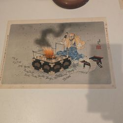 Antique 1896 Japanese Woodblock Print – Adachi Ginko (Priest Raigo & Rats)
