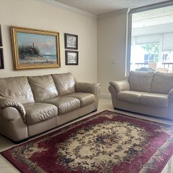 Beige Leather Sofa & Loveseat Set – Clean Condition – Matching 