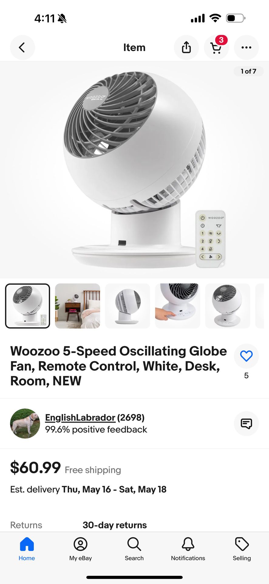 Woozoo 5-Speed Oscillating Globe Fan, Remote Control, White, Desk, Room, NEW