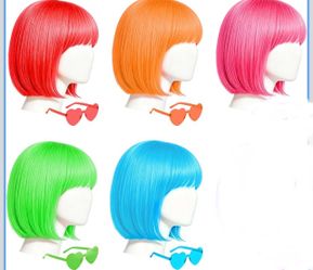5 Colorful Bob Wigs with Heart Sunglasses Set