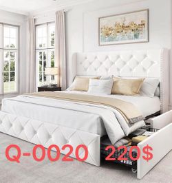 （Q-0020）Queen Size Bed Frame with 4 Storage Drawers and 47.2" Tall Wingback Headboard
