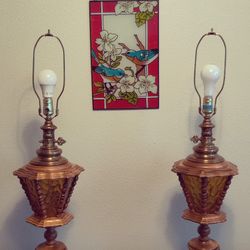 Mid Century Modern Lamp- Wood, Brass, Amber Glass