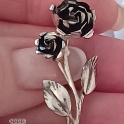 Vtg.European 835- Silver Rose With Stem Pin