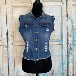 Kaitlyn Women's Studded Distressed Blue Denim Jeans Vest Size S/M