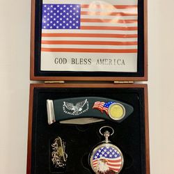 EAGLE/ AMERICAN FLAG POCKET WATCH GIFT SET / NEW 