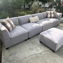 Just Deep Cleaned Sectional + Ottoman 🧼 | 5 Piece Modular | Light Gray