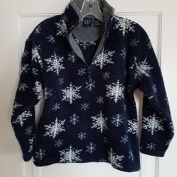 VINTAGE GAP Kids Navy Blue Snowflake Print Sherpa Fleece 1/4 Zip Pullover,  Large