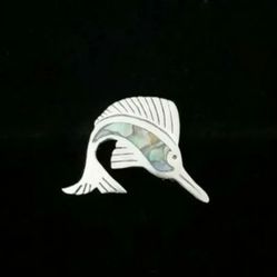 1.4" x 1.4" Solid Sterling Silver Abalone Inlay Sailfish Pin Brooch, Taxco 