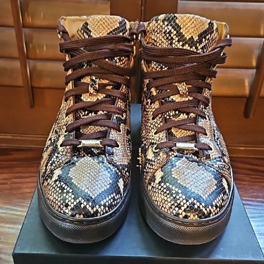 MISTER BROWN PYTHON PRINT/ CALF-SKIN LEATHER HIGH-TOP SNEAKERS