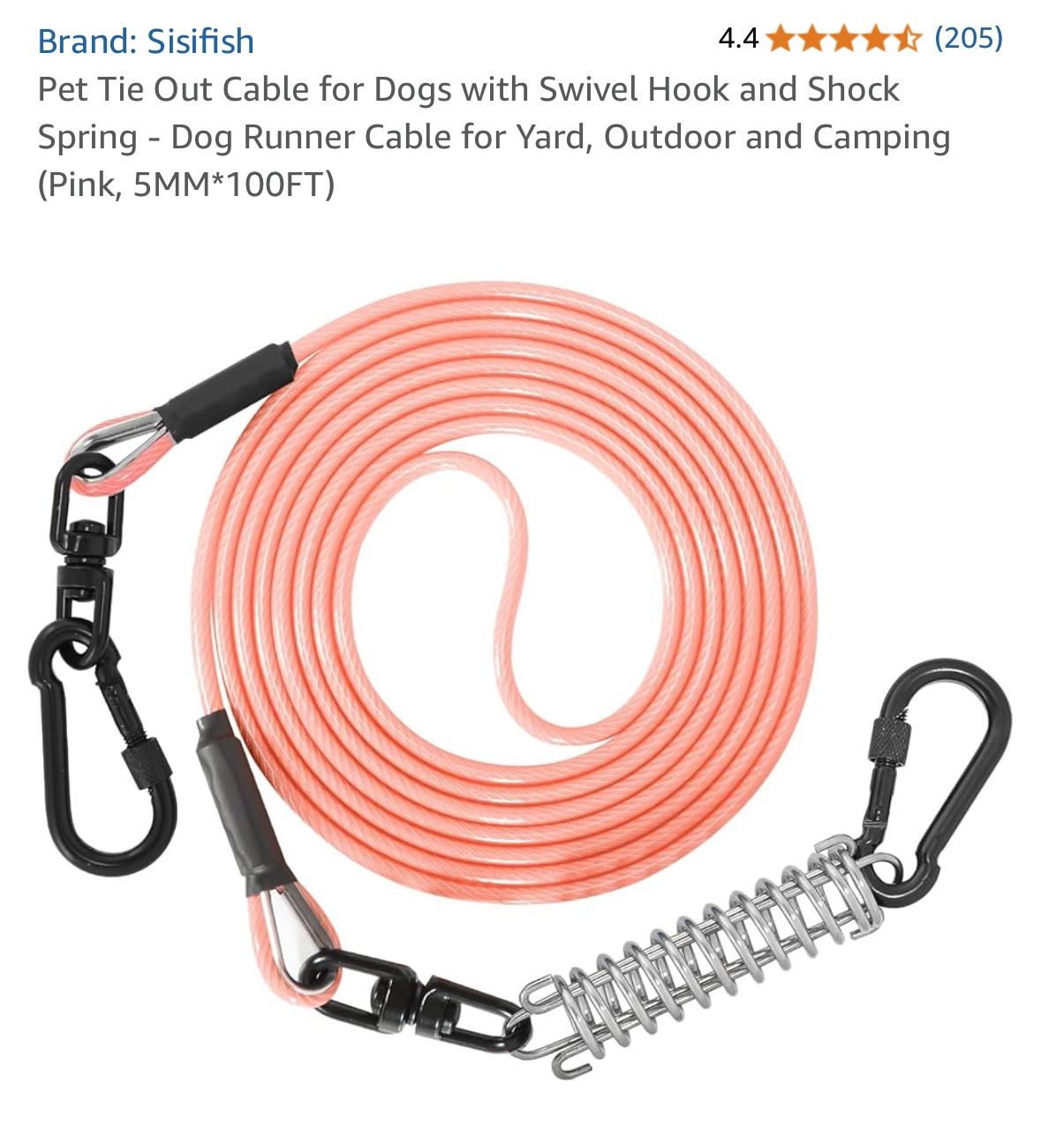 Pet Tie Out Cable for Dogs with Swivel Hook and Shock Spring - Dog Runner Cable for Yard, Outdoor and Camping (Pink, 5MM*100FT)
