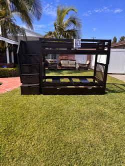 FREE. Dark Brown Wood Bunk Bed with Stairs and Trundle