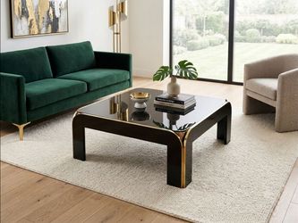 Retro Postmodern Square Coffee Table (Black Glass / Gold Trim)