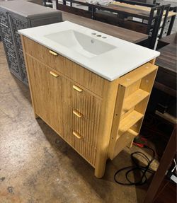 36" Fluted Bathroom Vanity with Ceramic Sink, Modern Vanity Cabinet with Door Storage, 3 Drawers and Side Shelves, Natural Oak