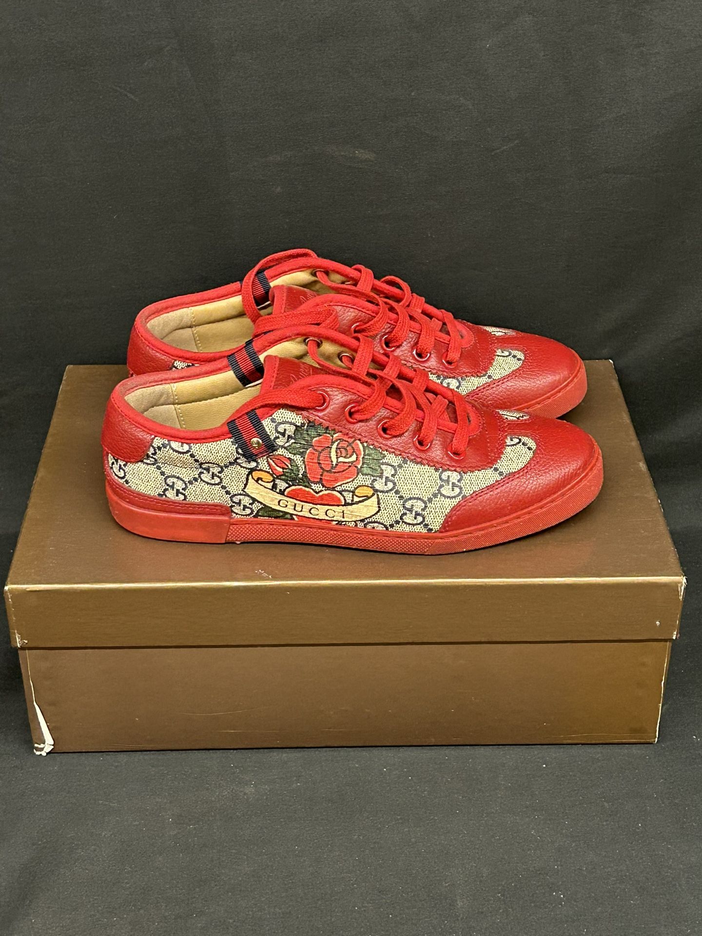Gucci Barcelona Sneakers Lace Up Sneakers Shoes GG Plus Tattoo Print 214998 35 5
