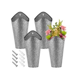 4 PCS Galvanized Metal Wall Planter, 11.8 Inch Galvanized Metal Hanging Baskets, Metal Wall Vases for Flowers with Screws, Farmhouse Decor Hanging Pla