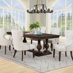 Dining set 7 pc Dark Oak finish, Beige fabric, New Especial price