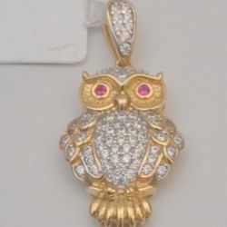 14K Yellow Gold Owl Pendant Charm with Pink Eyes Pave Design