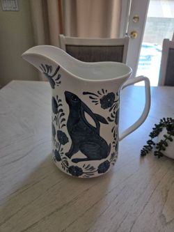 Stoneware Pitcher Painted Rabbit and Florals Blue and Cream