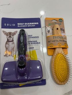 Pet Grooming Brush Set — SOLID Self-Cleaning Slicker Brush + Greenbone Bamboo Pin Brush — Brand New
