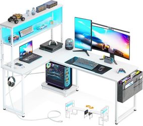 L Shaped Desk Gaming Desk with LED Light & Power Outlet, 53 Inch Reversible L Shaped Computer Table with Shelf, Corner Desk with Storage Bag&Hook for 