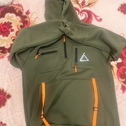 Men’s Medium Olive Green Athletic Hoodie – Orange Zipper Detail – Great Condition 