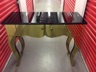 Beveled Mirror Black & Gold Console Table w/ 2 Drawers