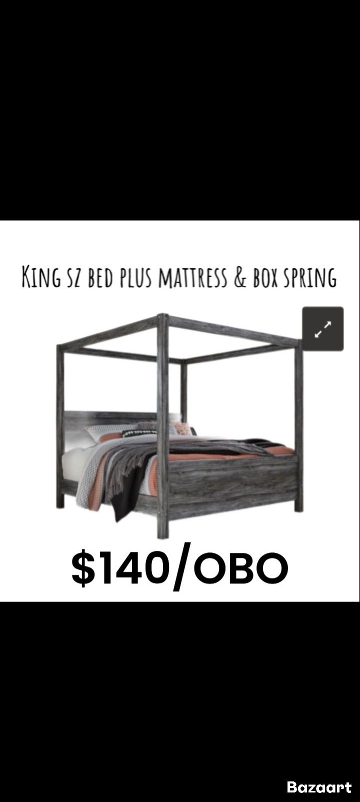 King Sz Grey 4 Poster/Canopy Bed WITH Mattress & Boxspring