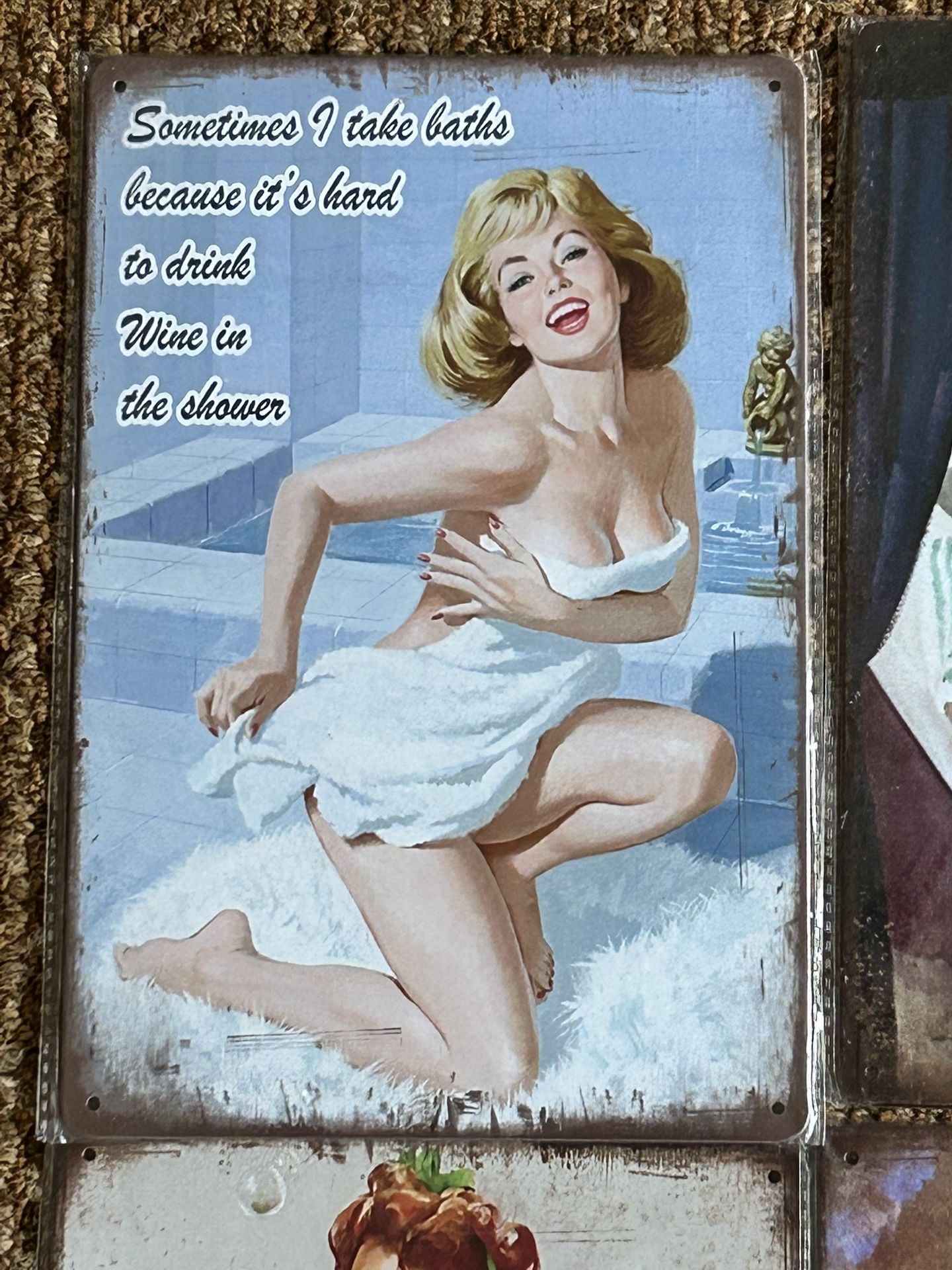 Lot of four 12 x 8 metal signs pin up Girl bathroom bath