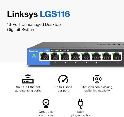 Linksys LGS116 16 Port Gigabit Network Switch NEW
