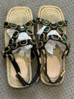 Gucci Grosgrain Espadrille Sandal With Green Crystal Stones