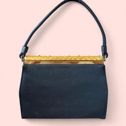 RARE Vintage 50s - 60s “After Five” Black Satin Fabric Purse Gold Tone Clasp Top Clutch Formal Party Bag USA Made with Attached Satin Coin Purse 