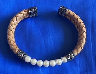 MONET BROWN BREADED LEATHER PEARL BRACELET CUFF LARGE L ** More VINTAGE & RARE items Here ...