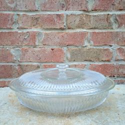 Vintage Ribbed Glass Oval Covered Casserole Dish