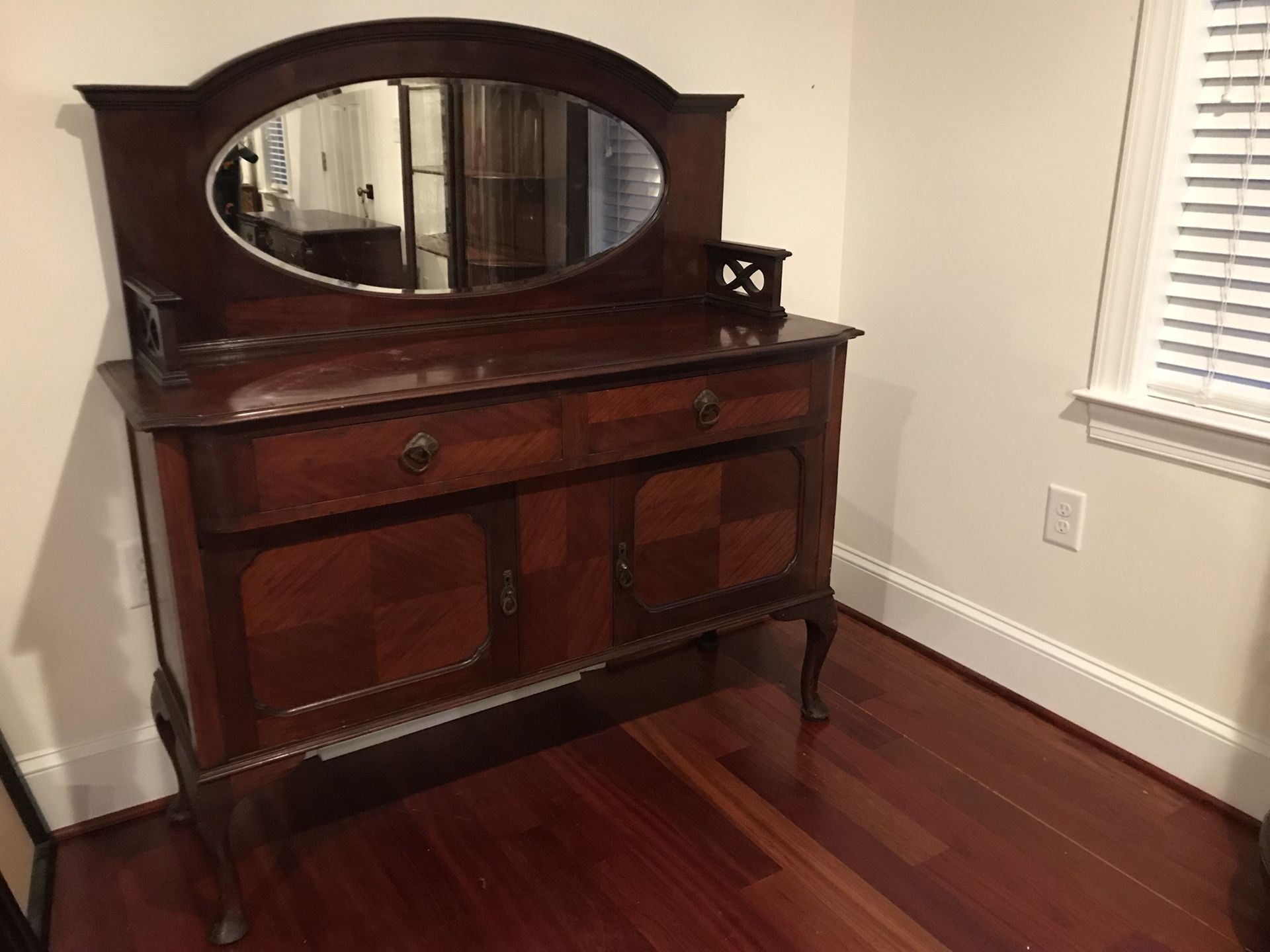 Antique Sideboard / Buffet w/ Attached Oval Mirror