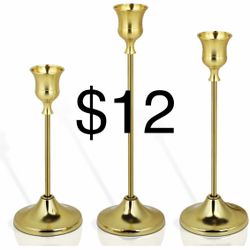 3PCS Candlestick Holders, Brass Gold Taper Candle Holders, Metal Vintage Candle Stick Holders for Table and Mantel Decorations, Home Decor Centerpiece