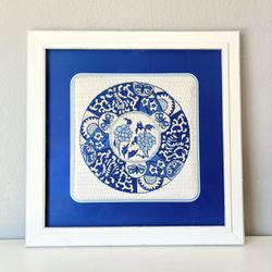 Framed Blue & White Needlepoint Art 26.5” Square Wall Decor