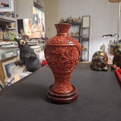 Chinese Hand-carved Cinnabar Lacquer 7" Vase W/Intricate Red Floral Motifs & Blue Enamel Interior W/Dark Wood Display Base, Vintage Mid 20th Century 
