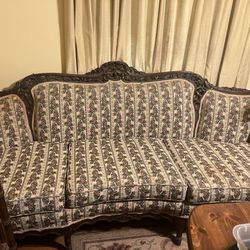 Vintage Couch, Chair, 2 Ottomans & extra Fabric