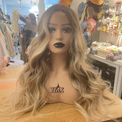 Human hair blend lace front ombré blonde dirty blonde bob wave wig