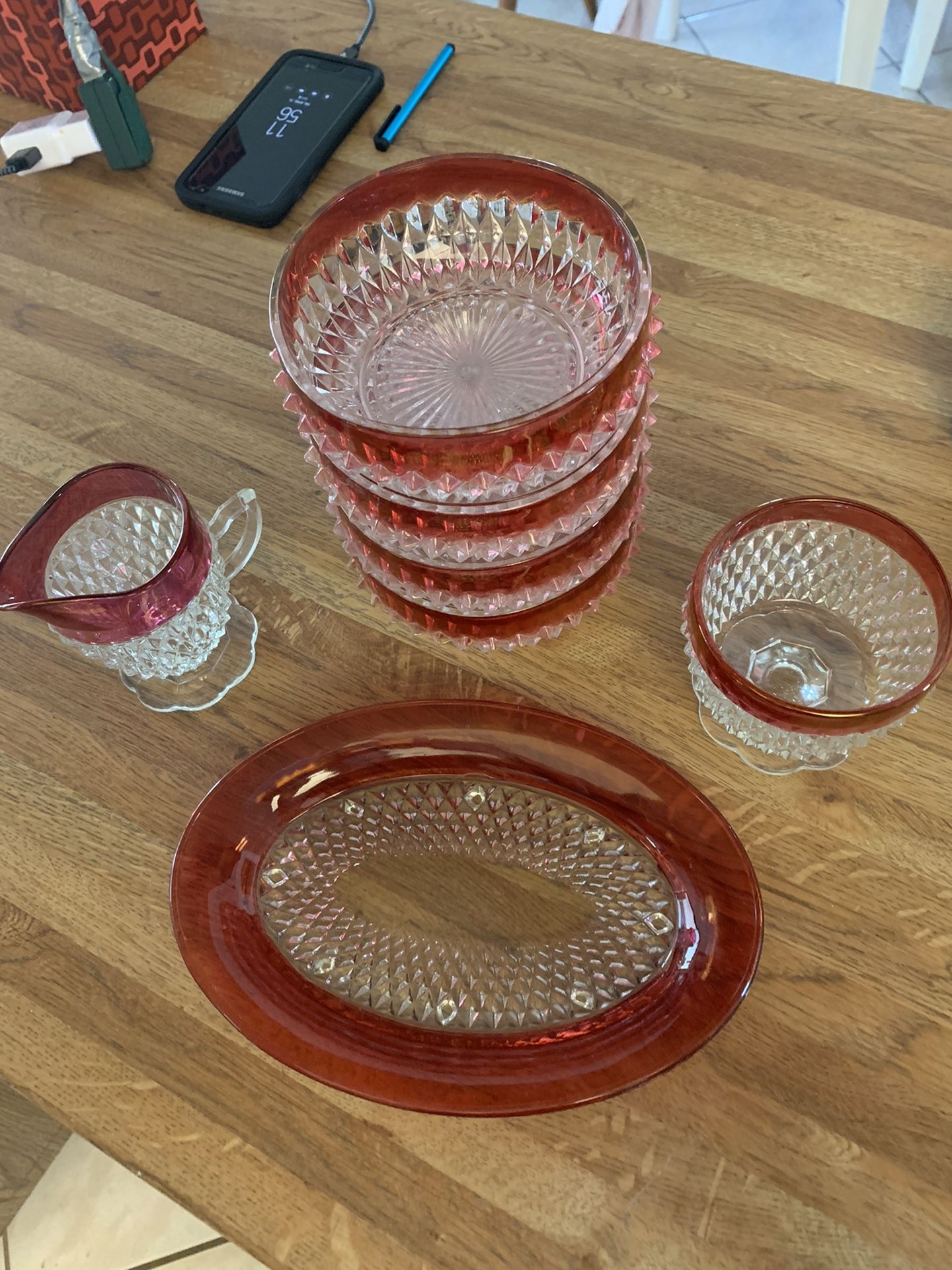 Vintage Cranberry hobnail glassware 7 pieces