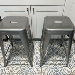 2 Backless Silver Metal Barstools 24”
