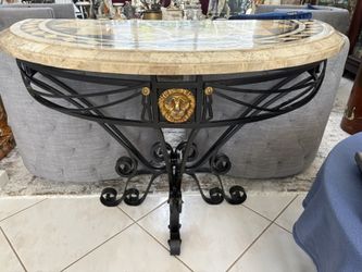 MAITLAND SMITH Demi Lune Half Moon Hall Foyer Console Table. Inlaid Tessellated Mosaic Marble. Heavy Black Wrought Iron 44” Wide X 32” Tall X 23” Deep