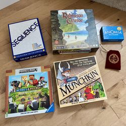 Board Games: Sequence, Robinson Crusoe, Minecraft, Munchkin, Anomia, Love Letter