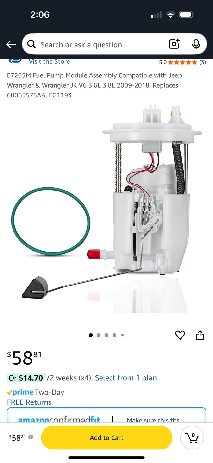 E7265M Fuel Pump Module Assembly Compatible with Jeep Wrangler & Wrangler JK V6 3.6L 3.8L 2009-2018, Replaces (contact info removed)5AA, FG1193