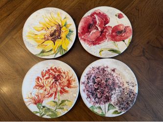Pier 1 Ironstone 8.75” Floral Plates - Sunflower Poppy Chrysanthemum & Hydrangea